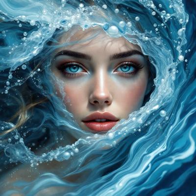 The primary subject of the image is a woman with blue eyes, who is looking at the camera. She is surrounded by a blue ocean, which serves as the setting and background of the scene. The visual style of the image is a digital art, featuring a detailed and vibrant representation of the woman and the ocean. The colors and mood of the image are predominantly blue, creating a serene and calming atmosphere.